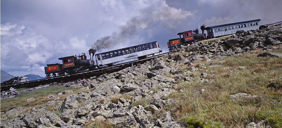 Mount Washington's cog railway is an incline railroad traveling to the top of the highest peak in the US Northeast.